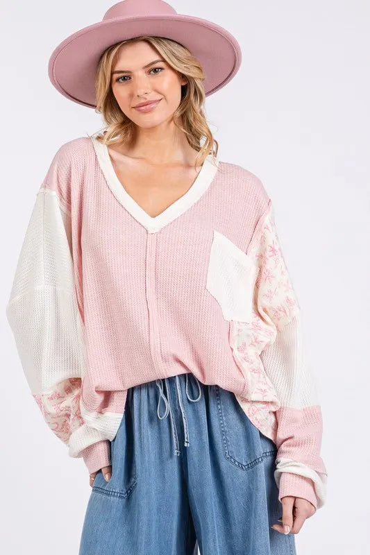 SAGE + FIG Floral Long Sleeve V-Neck Waffle Knit Top - Brittney MADE