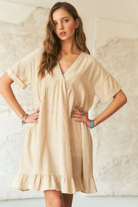 ADORA Ruffled Hem Striped V-Neck Babydoll Dress - Brittney MADE