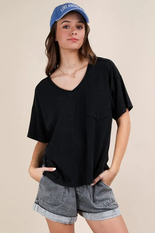 VERY J Mineral Washed V-Neck T-Shirt - Brittney MADE