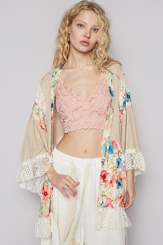 POL Floral Crochet Detail Open Front 3/4 Sleeve Cardigan - Brittney MADE
