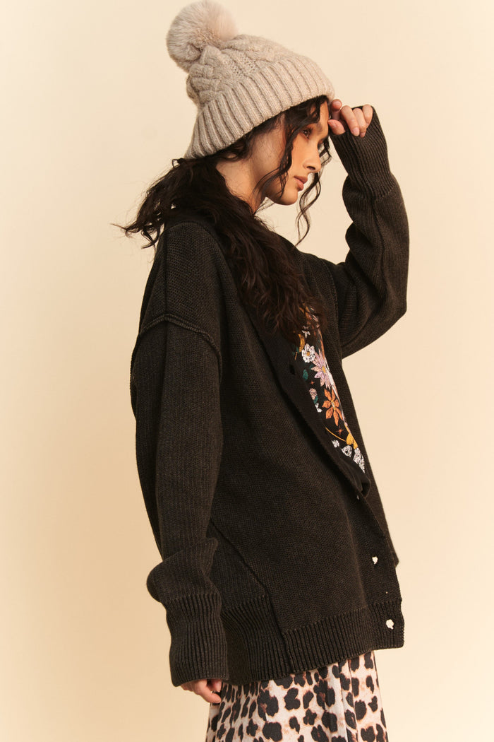 Davi & Dani Shawl Collar Ribbed Detail Button Up Cardigan - Brittney MADE