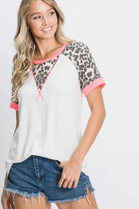 HeimishFull Size Leopard Round Neck Short Sleeve T-Shirt with Stitch Plus Size - Brittney MADE