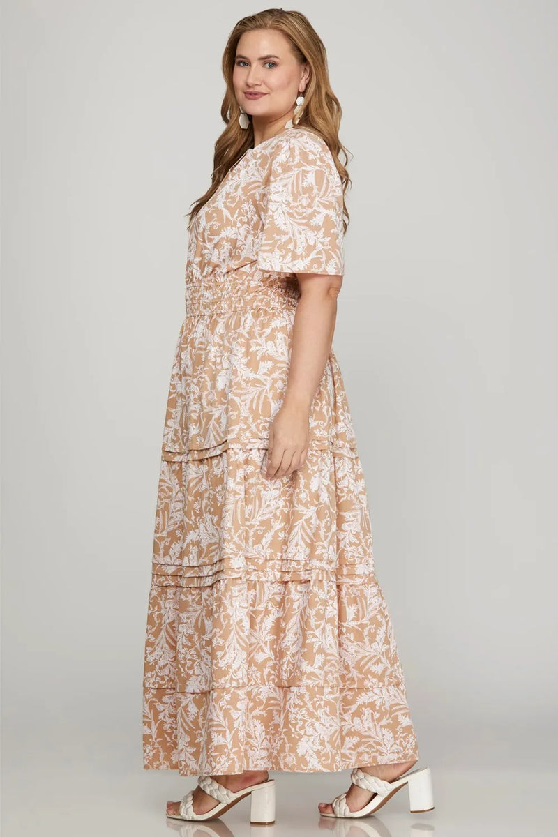 She + Sky Printed Notched Woven Tiered Pintuck Maxi Dress with Side Pockets - Brittney MADE