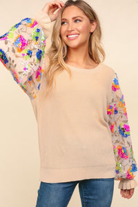 Haptics Floral Sequins Mesh Flounce Sleeve Sweater - Brittney MADE
