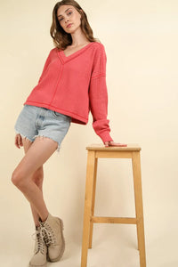 VERY J Exposed Seam V-Neck Ribbed Knit Top - Brittney MADE
