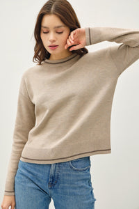 Be Cool Striped Trim Round Neck Long Sleeve Sweater - Brittney MADE