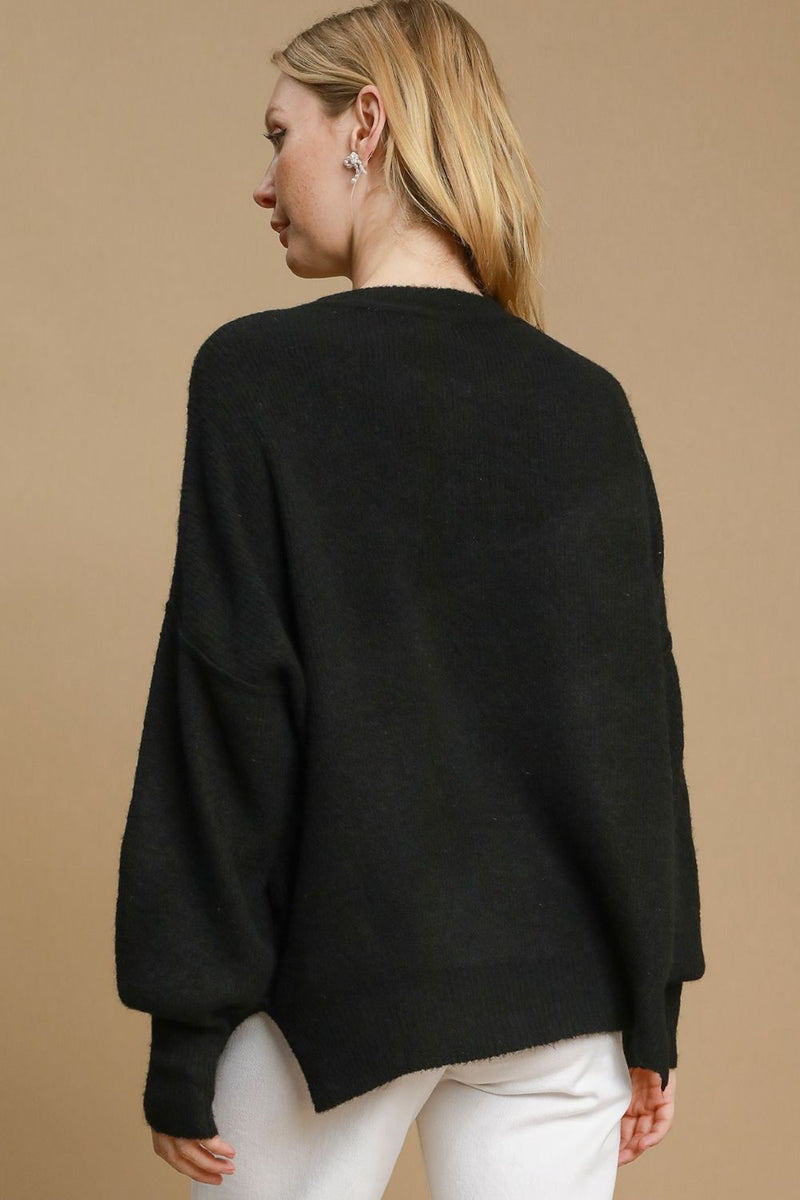Umgee Full Size Side Slit Wool Blend Round Neck Sweater Plus Size - Brittney MADE