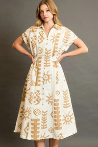 Umgee Full Size Abstract Print Elastic Waist Midi Dress Plus Size - Brittney MADE
