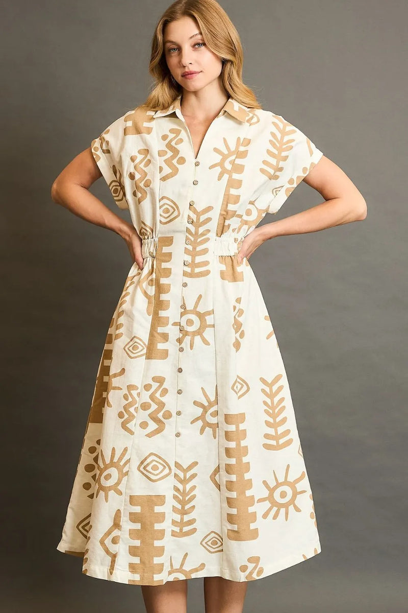 Umgee Full Size Abstract Print Elastic Waist Midi Dress Plus Size - Brittney MADE