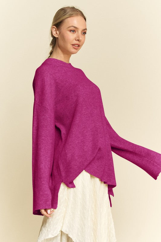 Davi & Dani High-Low Round Neck Drop Shoulder Sweater - Brittney MADE