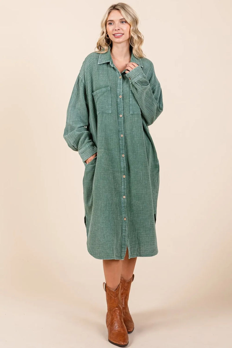 Mittoshop Mineral Wash Cotton Gauze Midi Shirt Dress - Brittney MADE