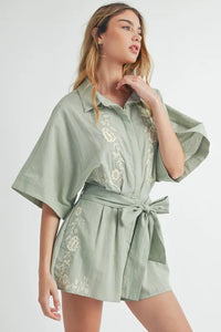 MABLE Embroidered Button Down Collared Neck Romper - Brittney MADE