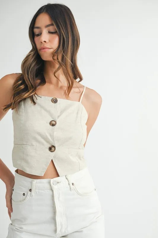MABLE Linen Mix Button Down Tank Top - Brittney MADE