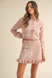 MABLE Floral Embroidered Crop Cardigan and Ruffled Mini Skirt Set - Brittney MADE