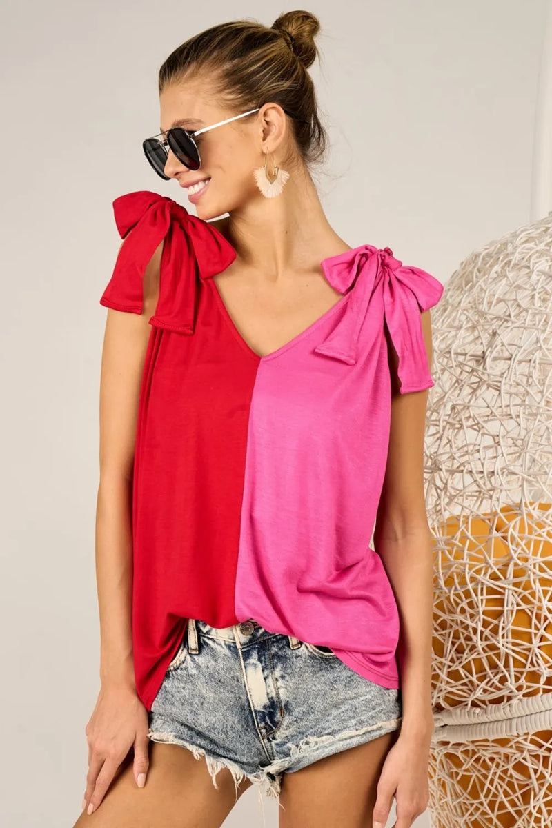 BiBi Shoulder Ribbon Tied Contrast Tank - Brittney MADE