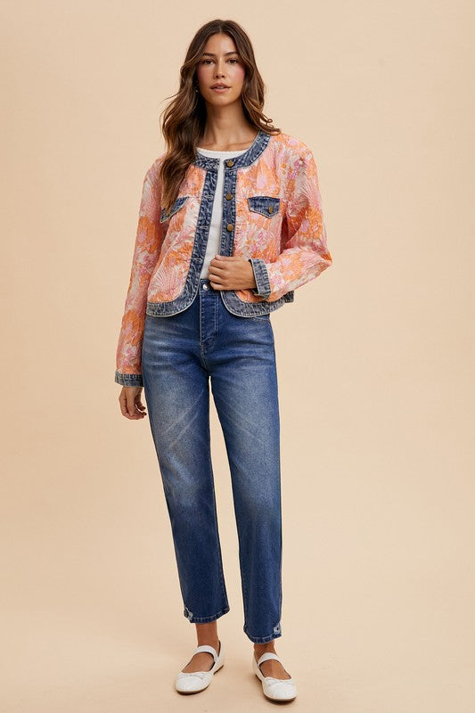 Annie Wear Floral Jacquard Denim Contrast Button Down Jacket - Brittney MADE