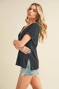 Aemi + Co Side Slit V-Neck Short Rolled Sleeve T-Shirt - Brittney MADE