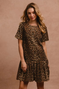 BiBi Tie Back Leopard Round Neck Short Sleeve Dress - Brittney MADE