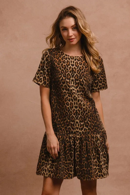 BiBi Tie Back Leopard Round Neck Short Sleeve Dress - Brittney MADE