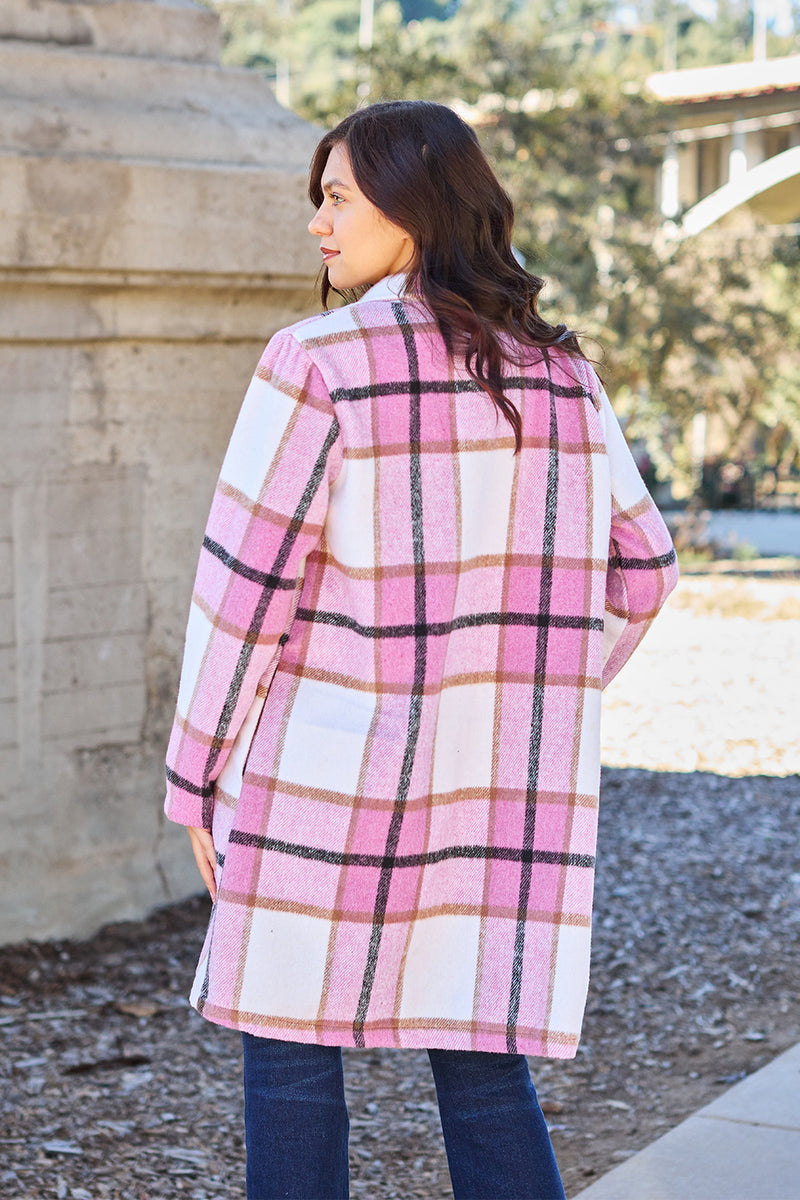 Double Take Full Size Plaid Button Up Lapel Collar Coat - Brittney MADE