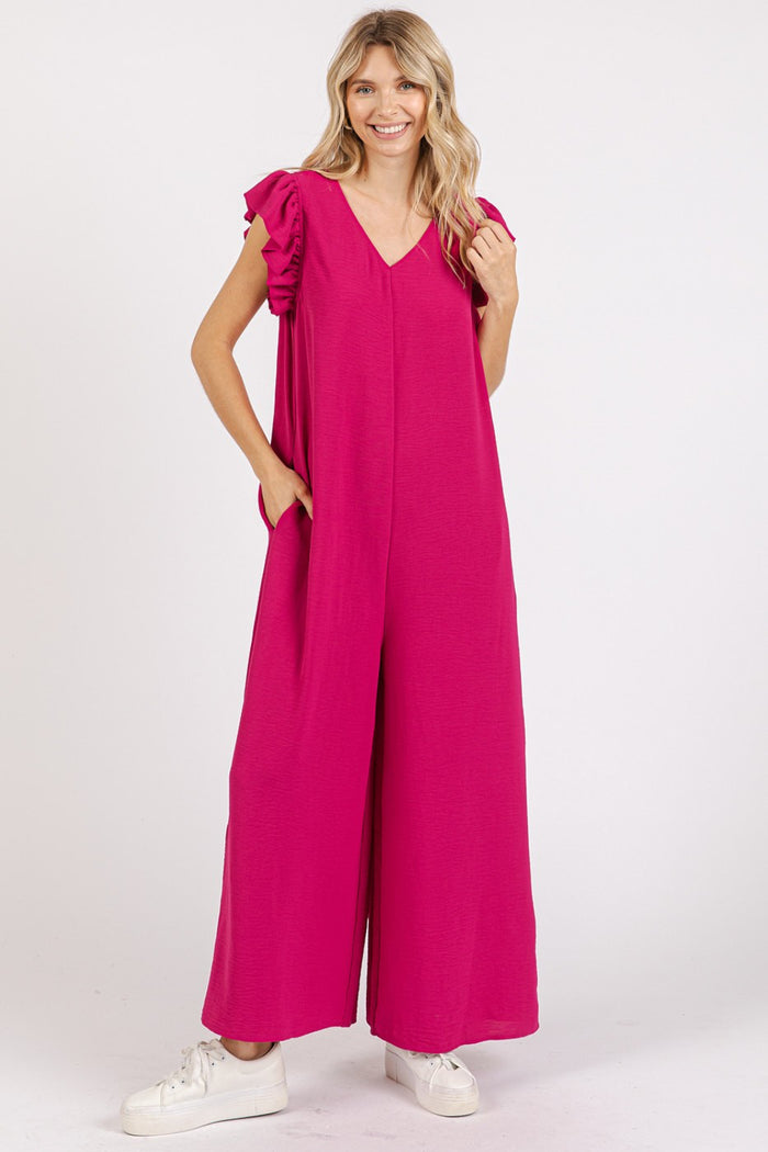 Mittoshop V-Neck Ruffled Cap Sleeve Wide Leg Jumpsuit - Brittney MADE
