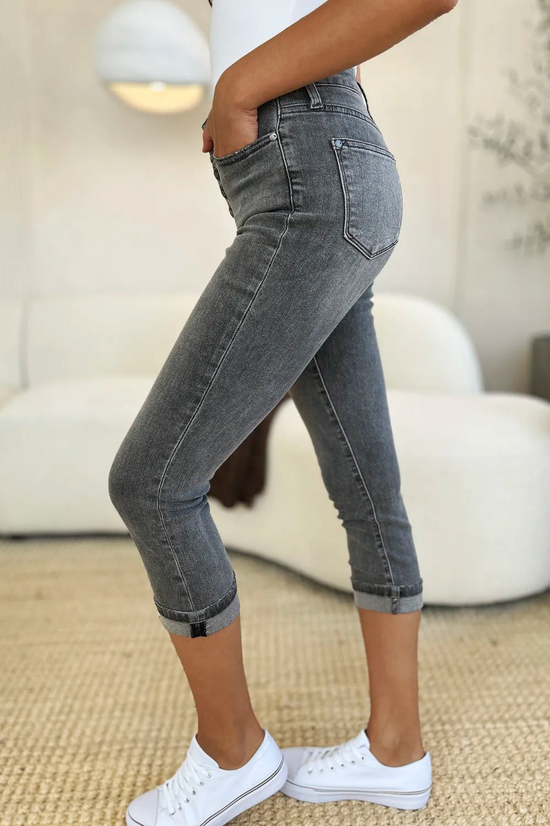 Judy Blue Full Size Button Fly High Waist Cuffed Capris - Brittney MADE
