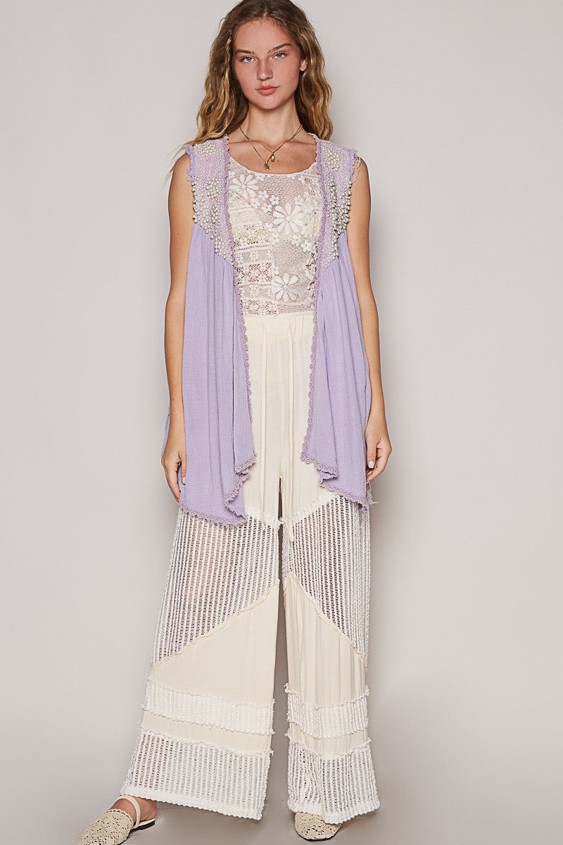 POL Embroidered Pearls Open Front Sleeveless Cardigan - Brittney MADE