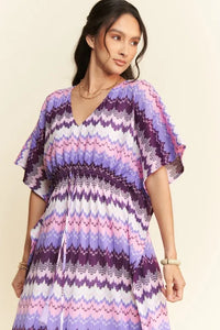 Davi & Dani Multi Color Wavy Tie Waist Flowy Sleeve Dress - Brittney MADE
