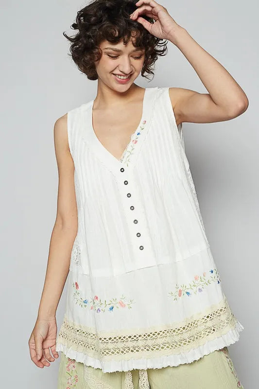 POL Embroidered Lace Detail V-Neck Sleeveless Top - Brittney MADE
