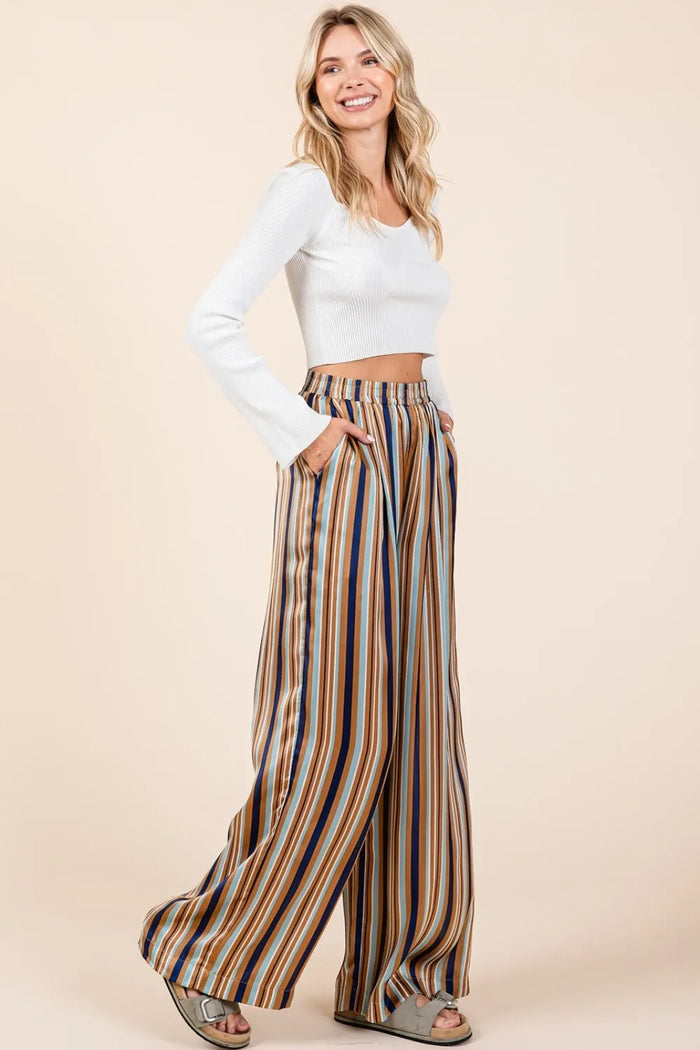 Mittoshop Striped Satin Elastic Waist Wide Leg Pants - Brittney MADE