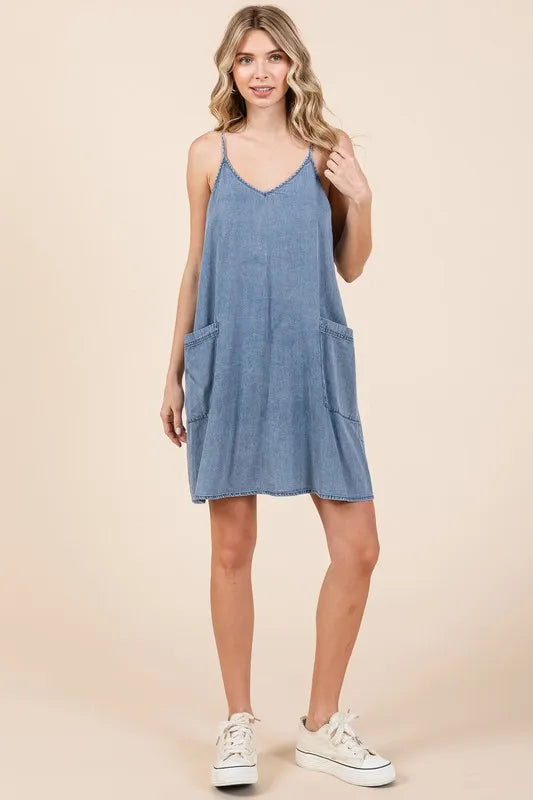 Mittoshop Washed Patch Pocket Mini Cami Denim Dress - Brittney MADE