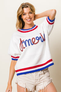 BiBi Metallic America Letter Short Sleeve Sweater - Brittney MADE