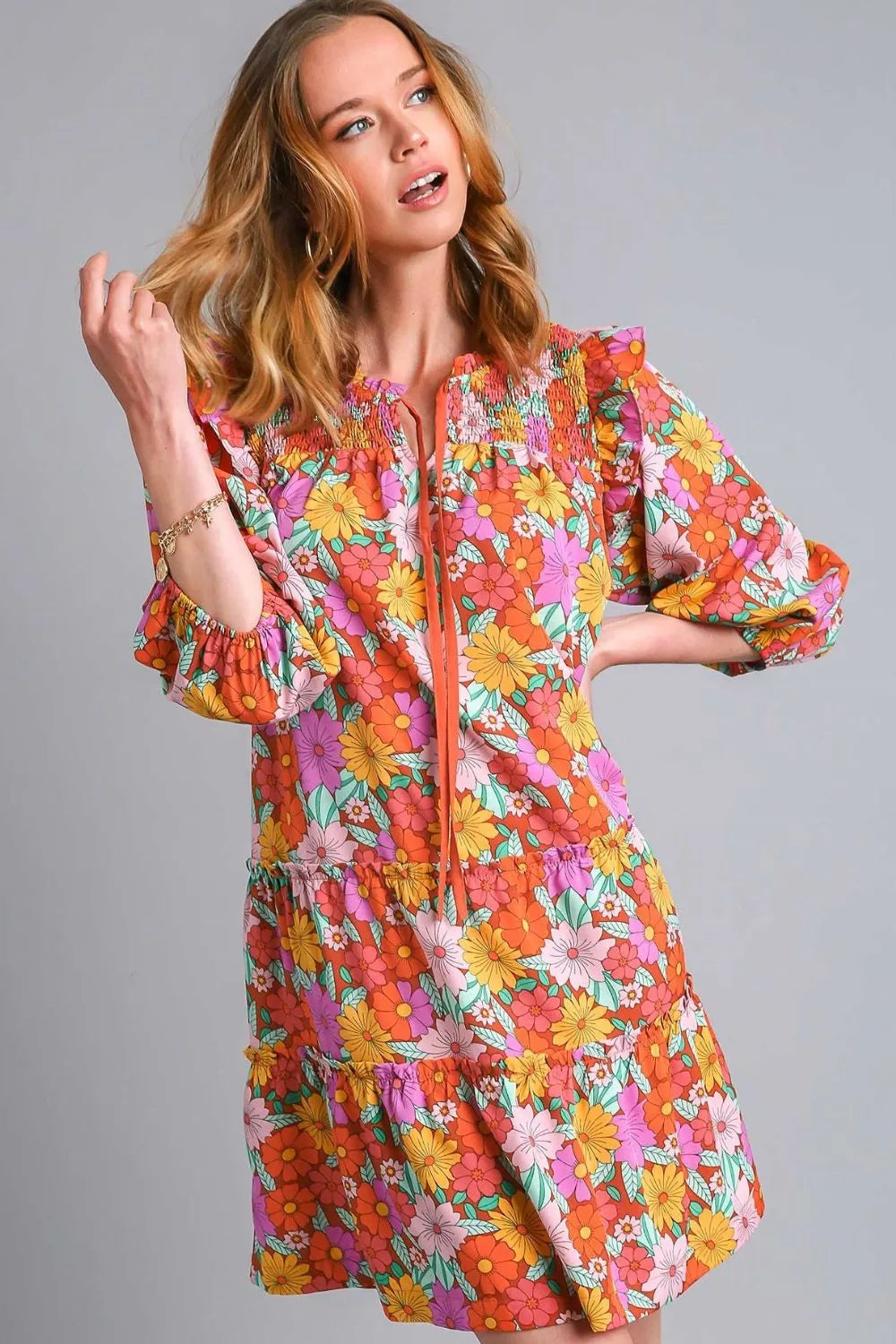 Umgee Full Size Ruffled Flower Print Tie Neck Tiered Dress Plus Size - Brittney MADE