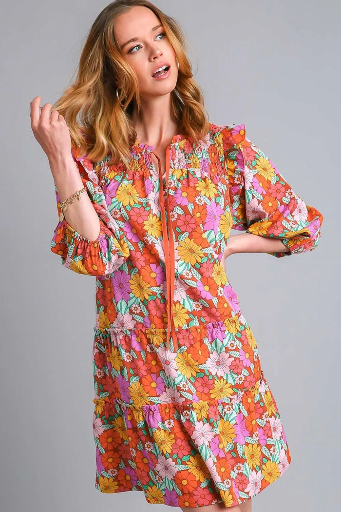 Umgee Full Size Ruffled Flower Print Tie Neck Tiered Dress Plus Size - Brittney MADE