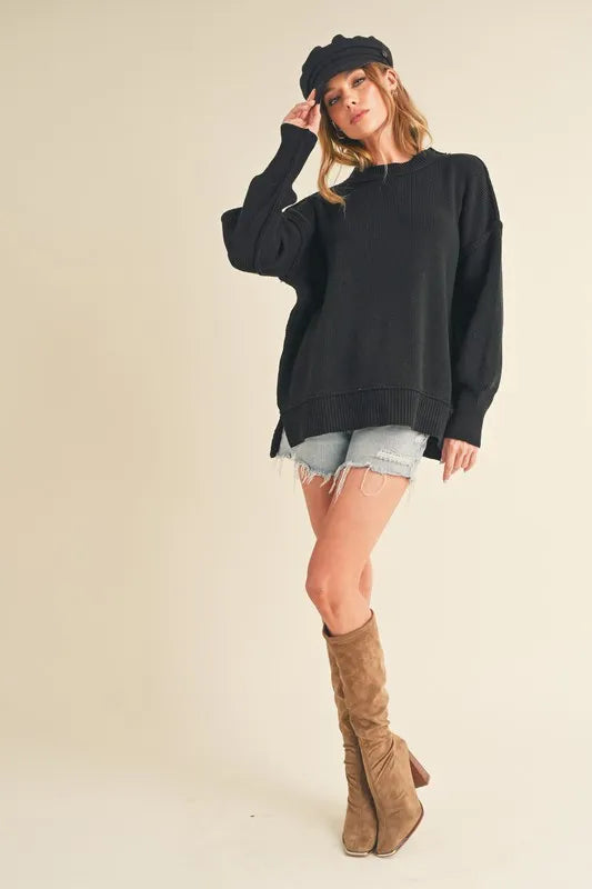 Aemi+Co Ribbed Hem Side Slit Round Neck Sweater - Brittney MADE