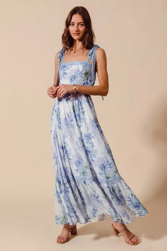 SO ME Floral Print Flowy Maxi Dress with Lace Ribbon Tie - Brittney MADE