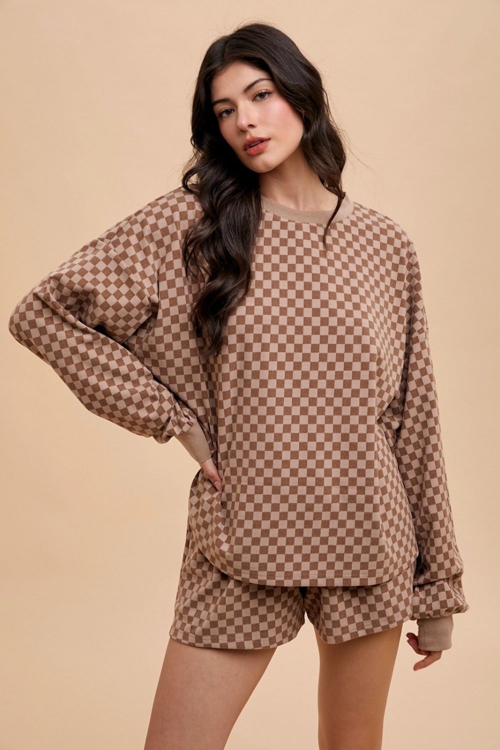 Annie Wear Checkered Round Neck Top and Drawstring Shorts Set - Brittney MADE