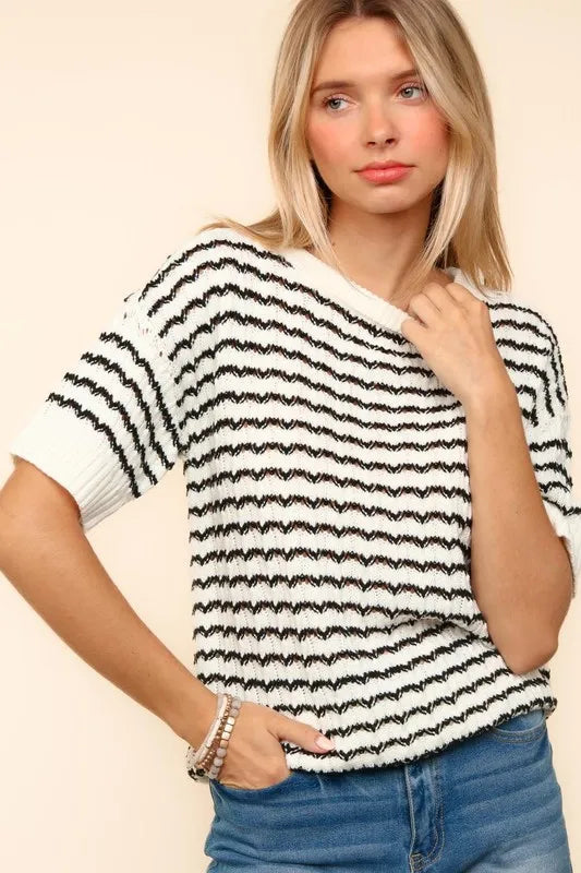 Haptics Openwork Striped Round Neck Half Sleeve Knit Top - Brittney MADE