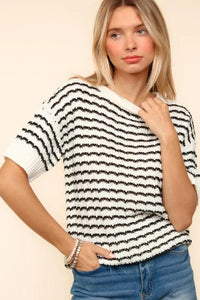 Haptics Openwork Striped Round Neck Half Sleeve Knit Top - Brittney MADE