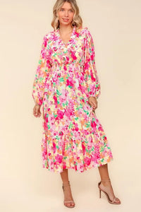 Haptics Full Size Floral Surplice Balloon Sleeve Dress with Side Pockets - Brittney MADE