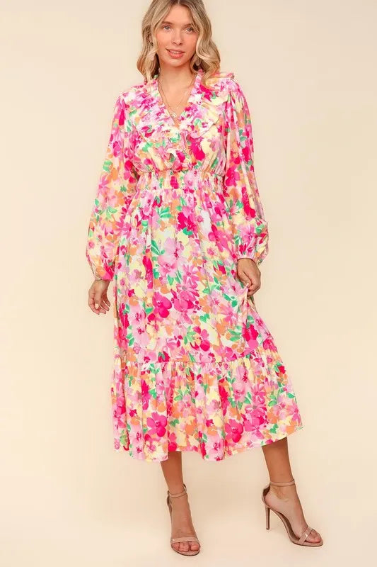 Haptics Full Size Floral Surplice Balloon Sleeve Dress with Side Pockets - Brittney MADE