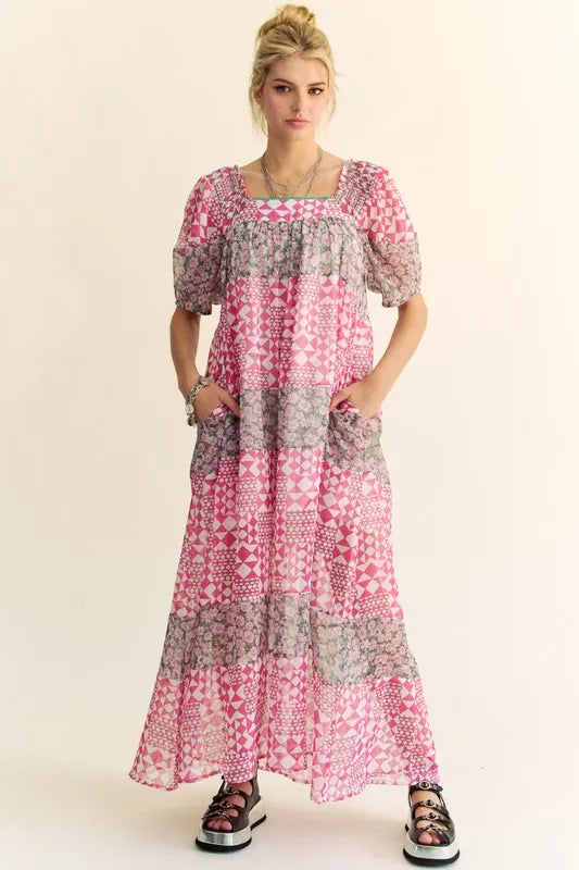 Davi & Dani Multi Floral Square Neck Puff Sleeve Maxi Dress - Brittney MADE