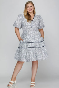 She + Sky Full Size Printed V-Neck Puff Sleeve Tiered Dress Plus Size - Brittney MADE