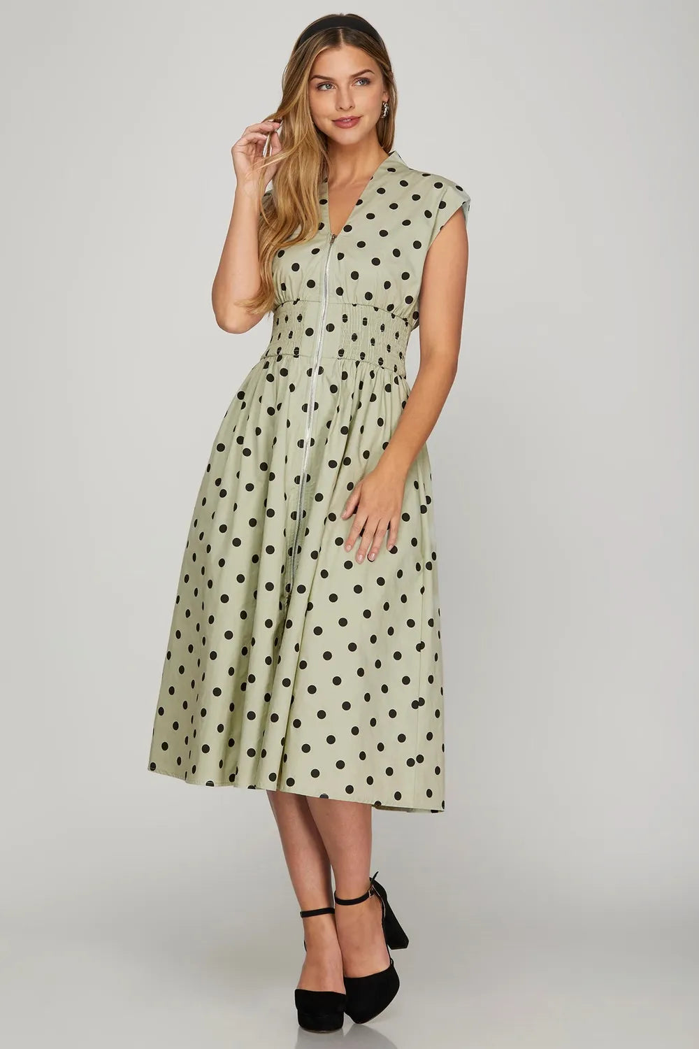 She + Sky Front Zip Polka Dots Cap Sleeve Midi Dress - Brittney MADE