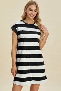 Basic Bae Full Size Striped Round Neck Cap Sleeve Mini Dress - Brittney MADE