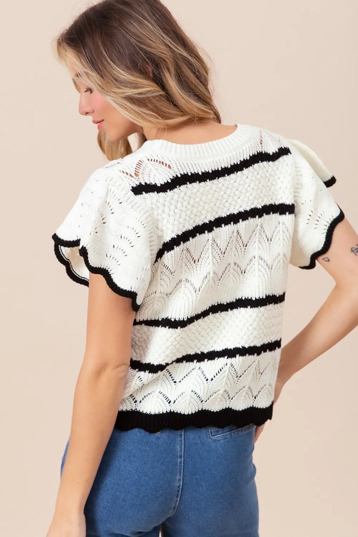 BiBi Pointelle Contrast Striped Short Sleeve Knit Top - Brittney MADE
