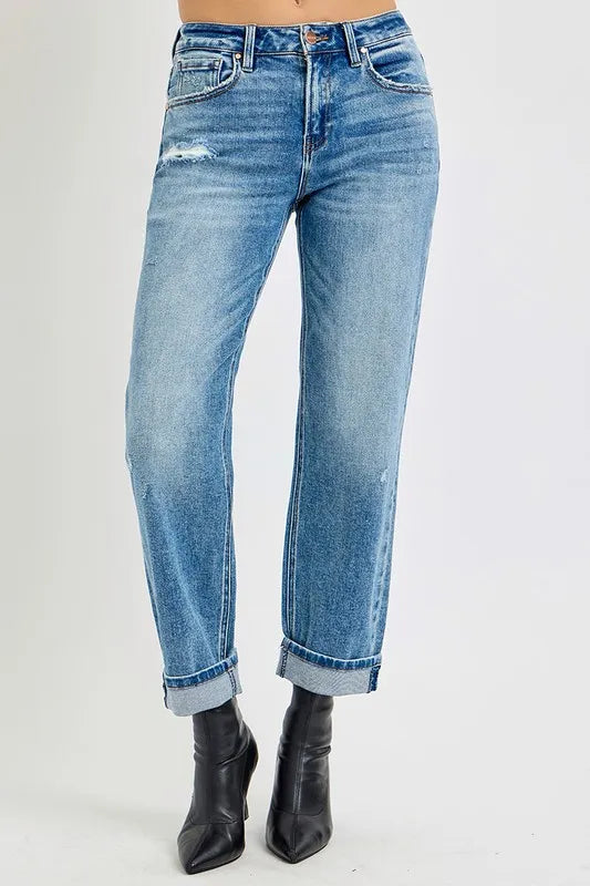 RISEN High Rise Ankle Boyfriend Distressed Jeans - Brittney MADE