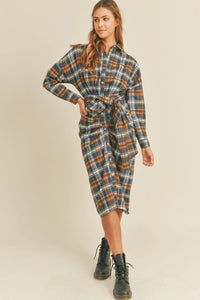 Mable Plaid Flannel Front Tie Button Down Shirt Dress - Brittney MADE