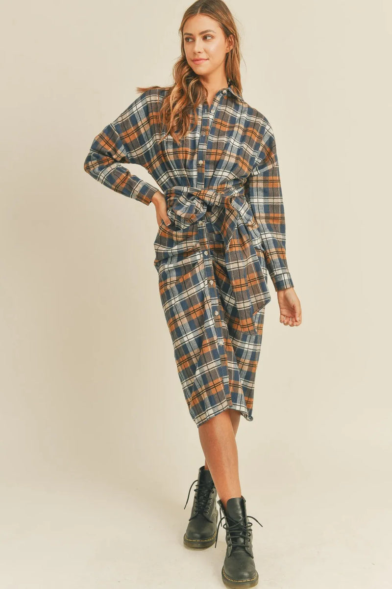 Mable Plaid Flannel Front Tie Button Down Shirt Dress - Brittney MADE