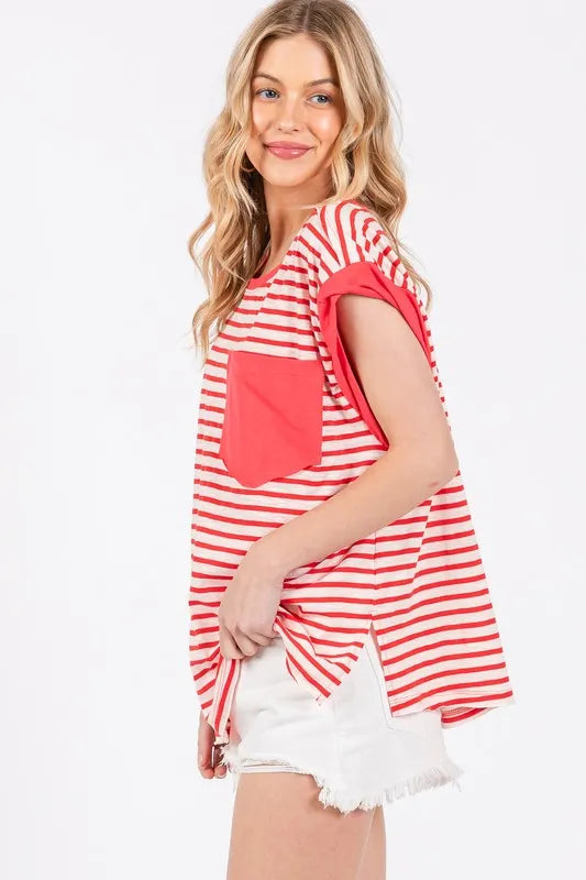 Ces Femme Side Slit Striped Cap Sleeve T-Shirt - Brittney MADE